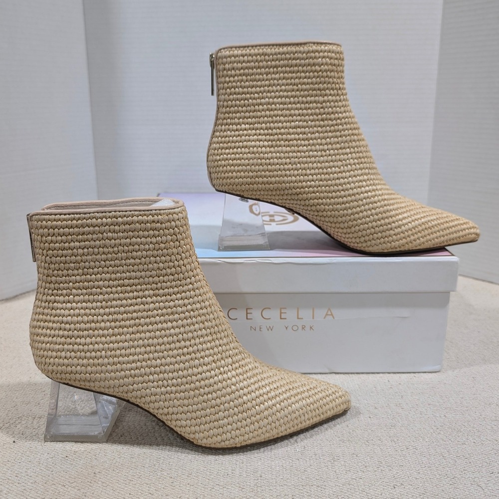 Cecelia New York Natural Woven Pointed Toe Clear Block Heel Bootie 6.5M - Picture 6 of 14